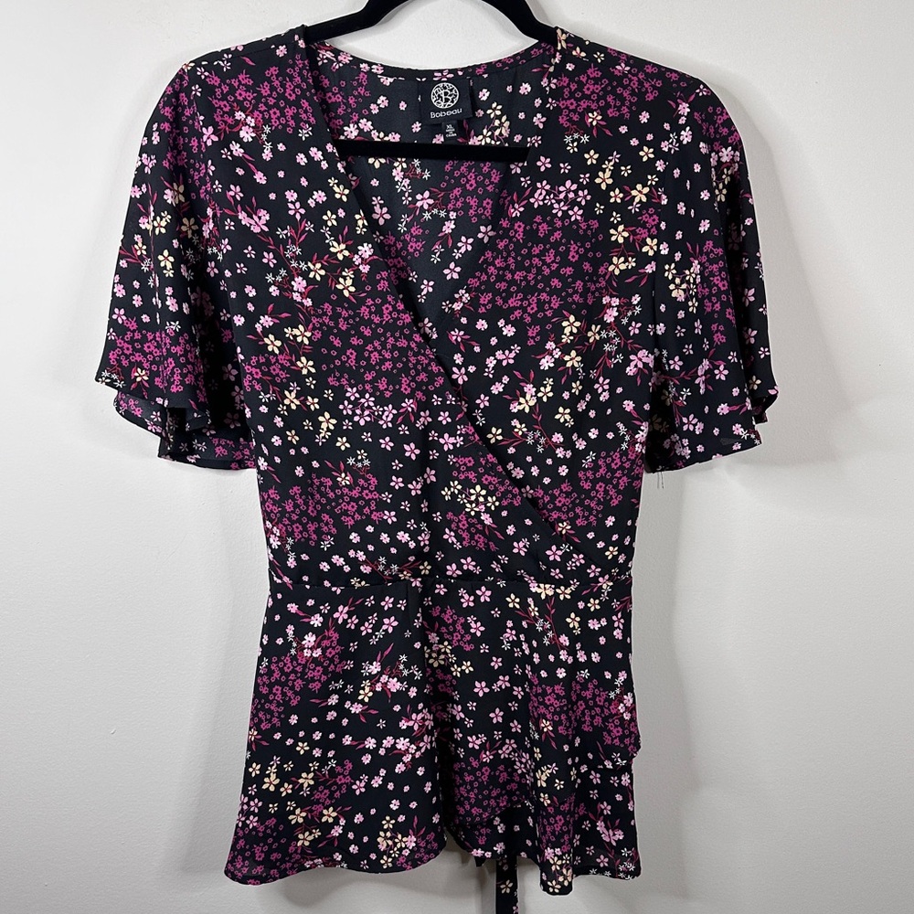 Unknown Brand Black Floral Wrap Blouse with Pink and Cream Accents